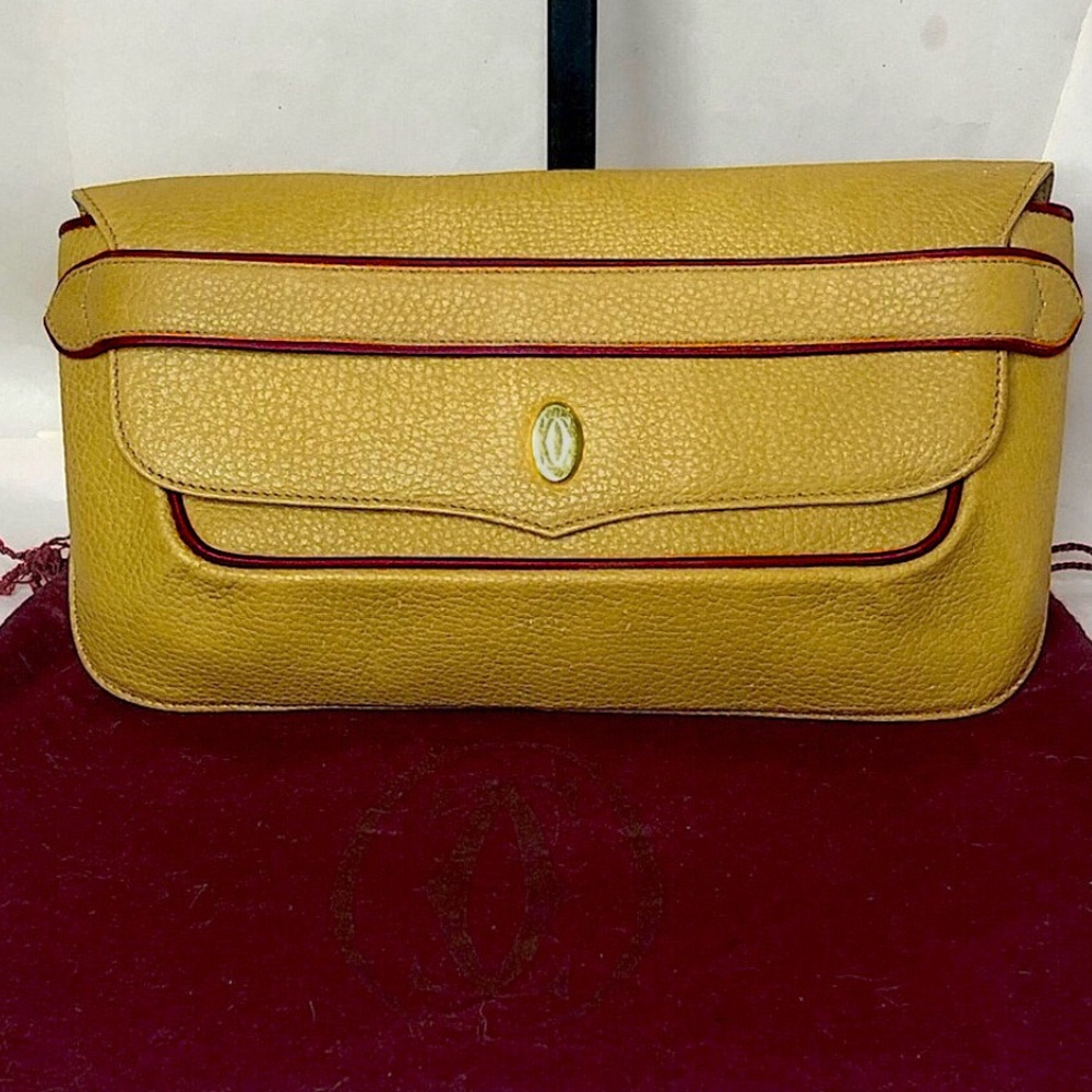 CARTIER Front Flap Clutch In Wine & Golden Tan Tumbled Leather w/ DUST BAG